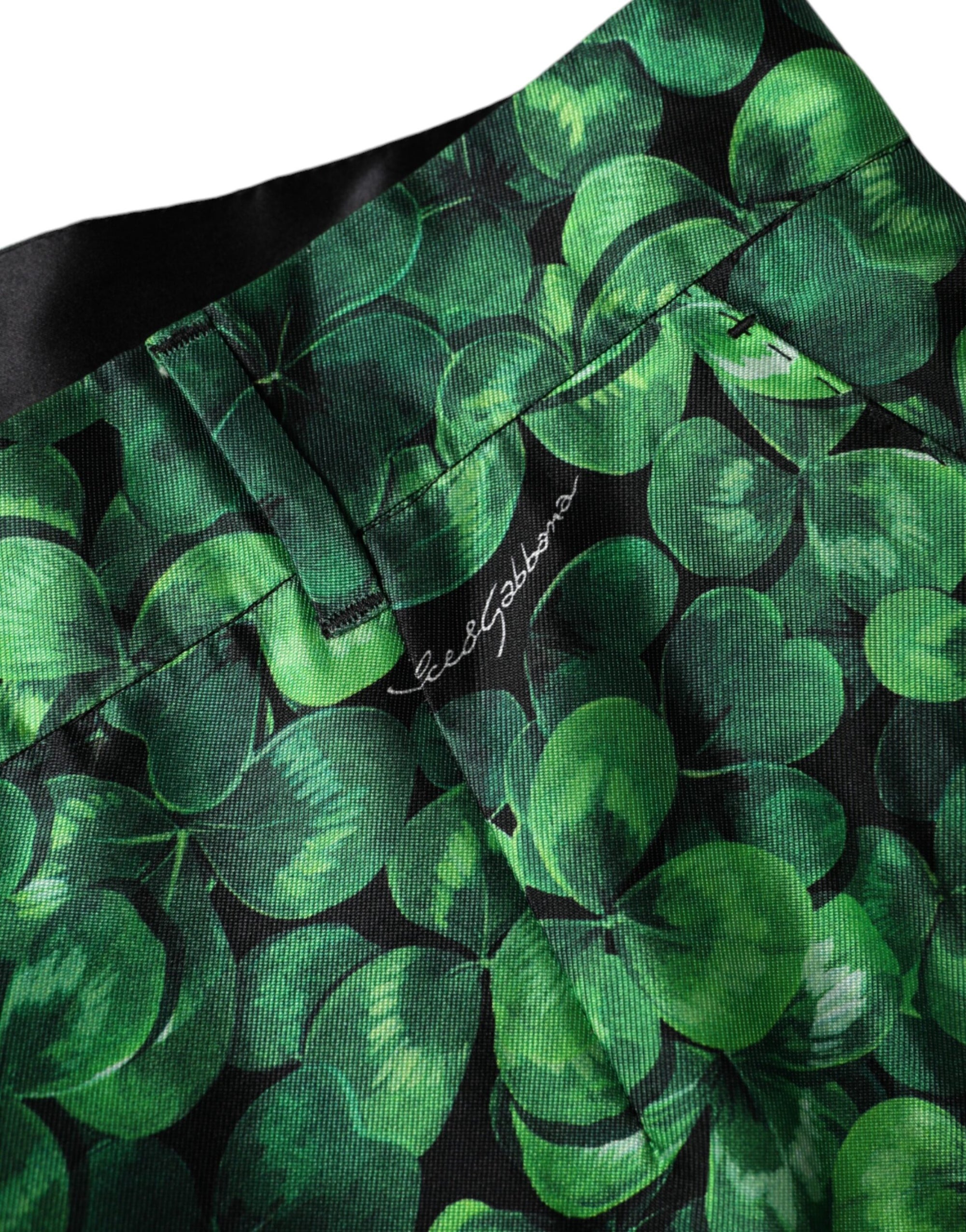 Dolce &amp; Gabbana Green Clover Silk Satin High Waist Tapered Pants