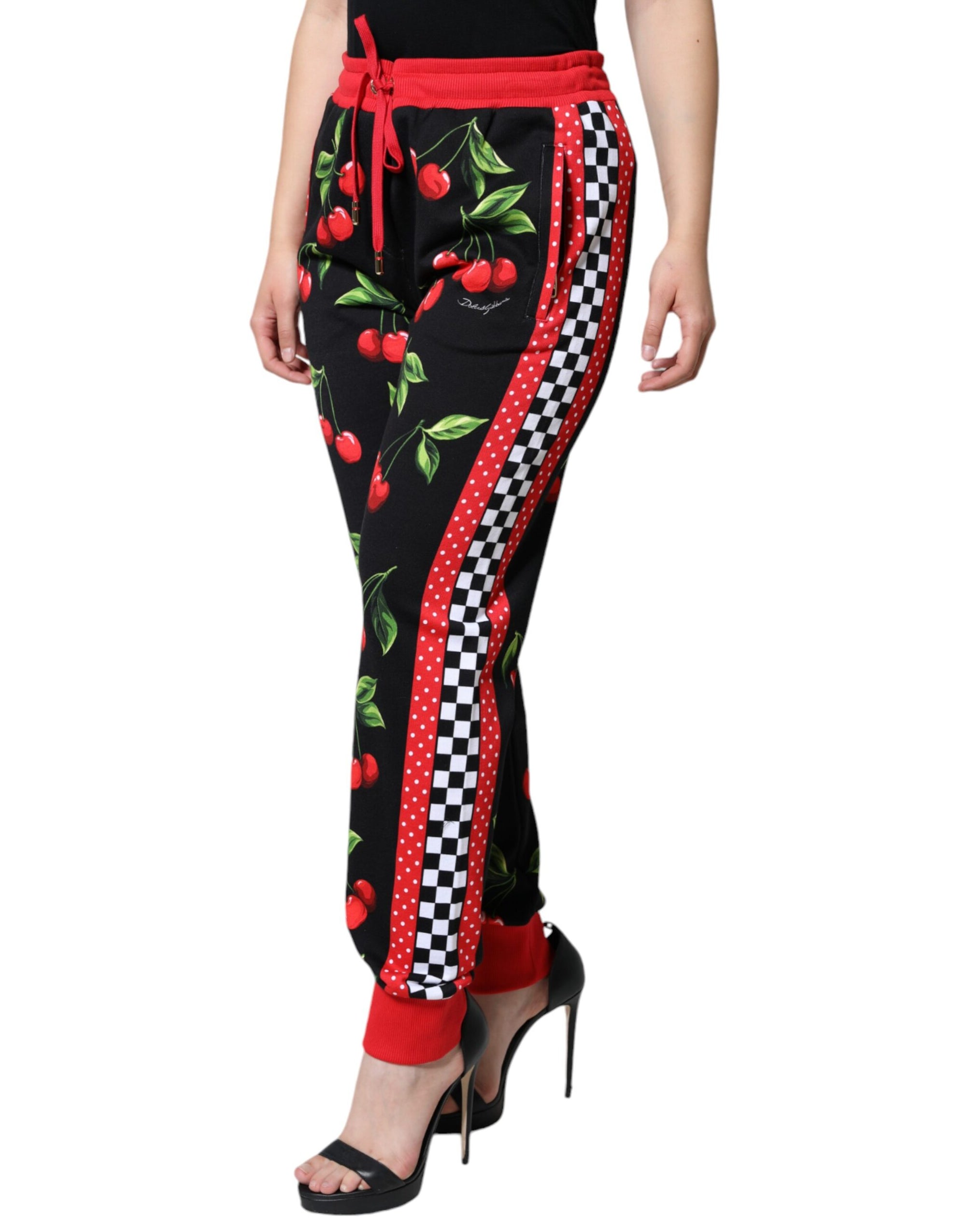 Dolce &amp; Gabbana Black Red Cherry Mid Waist Jogger Pants