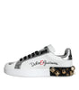 Dolce & Gabbana White Leather Floral Studded Sneakers Shoes