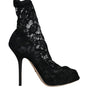 Dolce & Gabbana Black Lace Stretch Heels Mid Calf Boot Shoes
