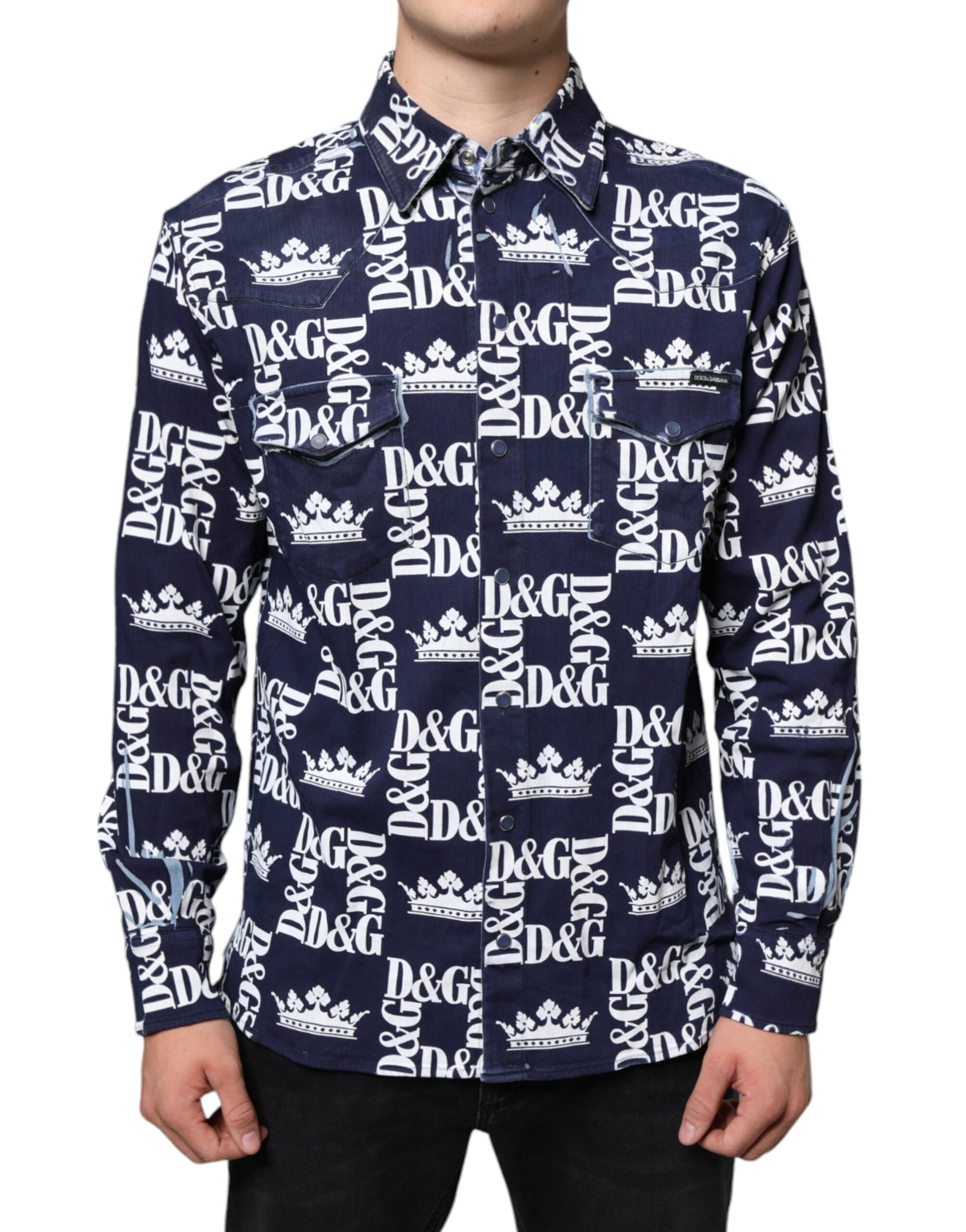 Chemise slim en coton à imprimé logo couronne bleue Dolce &amp; Gabbana