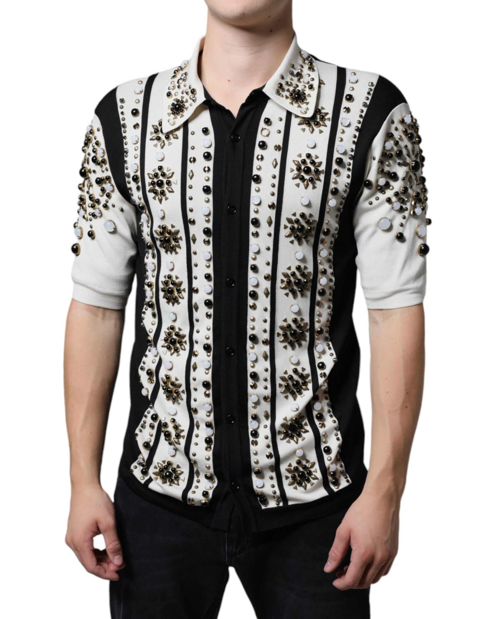 Dolce &amp; Gabbana White Black Silk Studded Stone Crystal Shirt