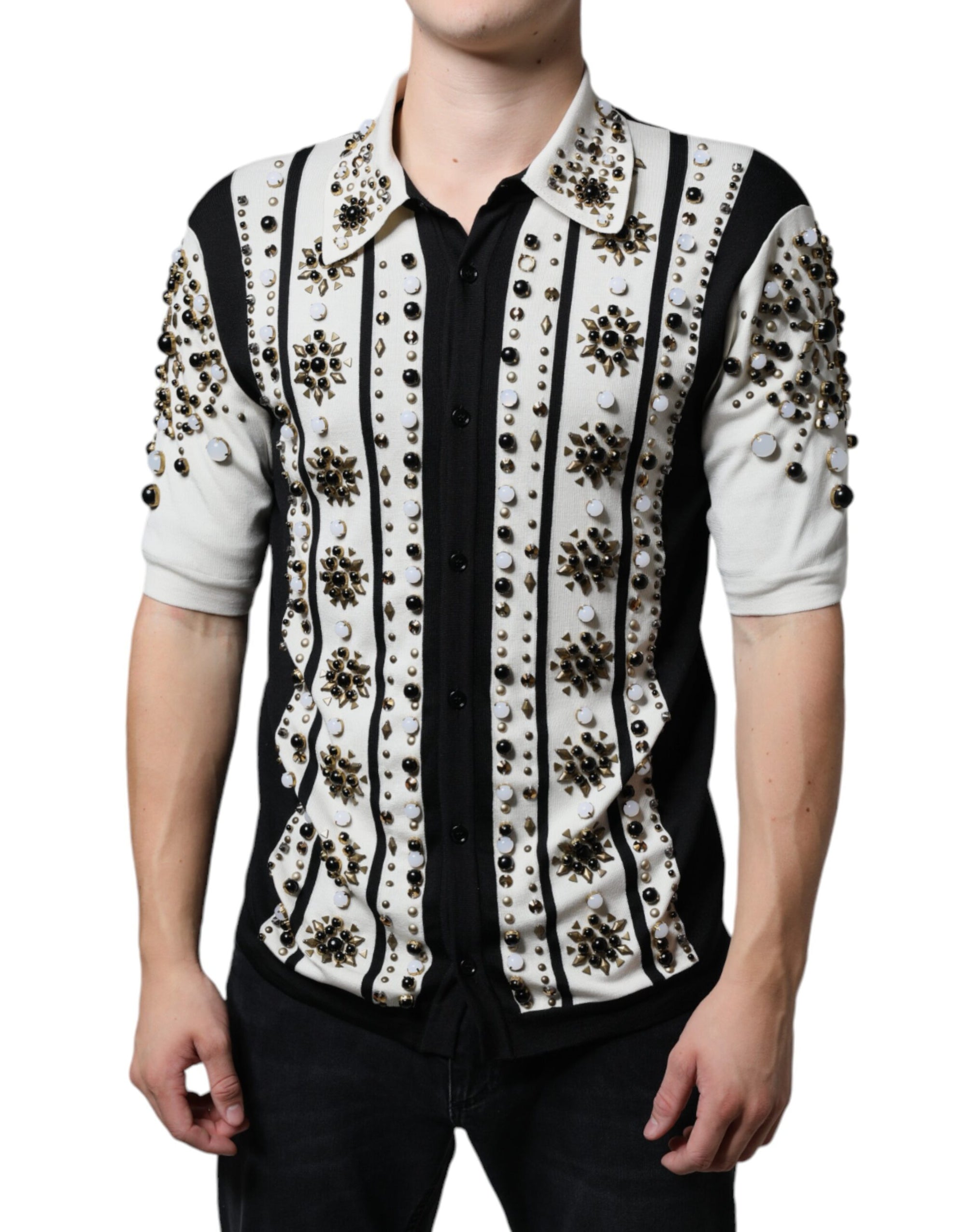 Dolce &amp; Gabbana White Black Silk Studded Stone Crystal Shirt