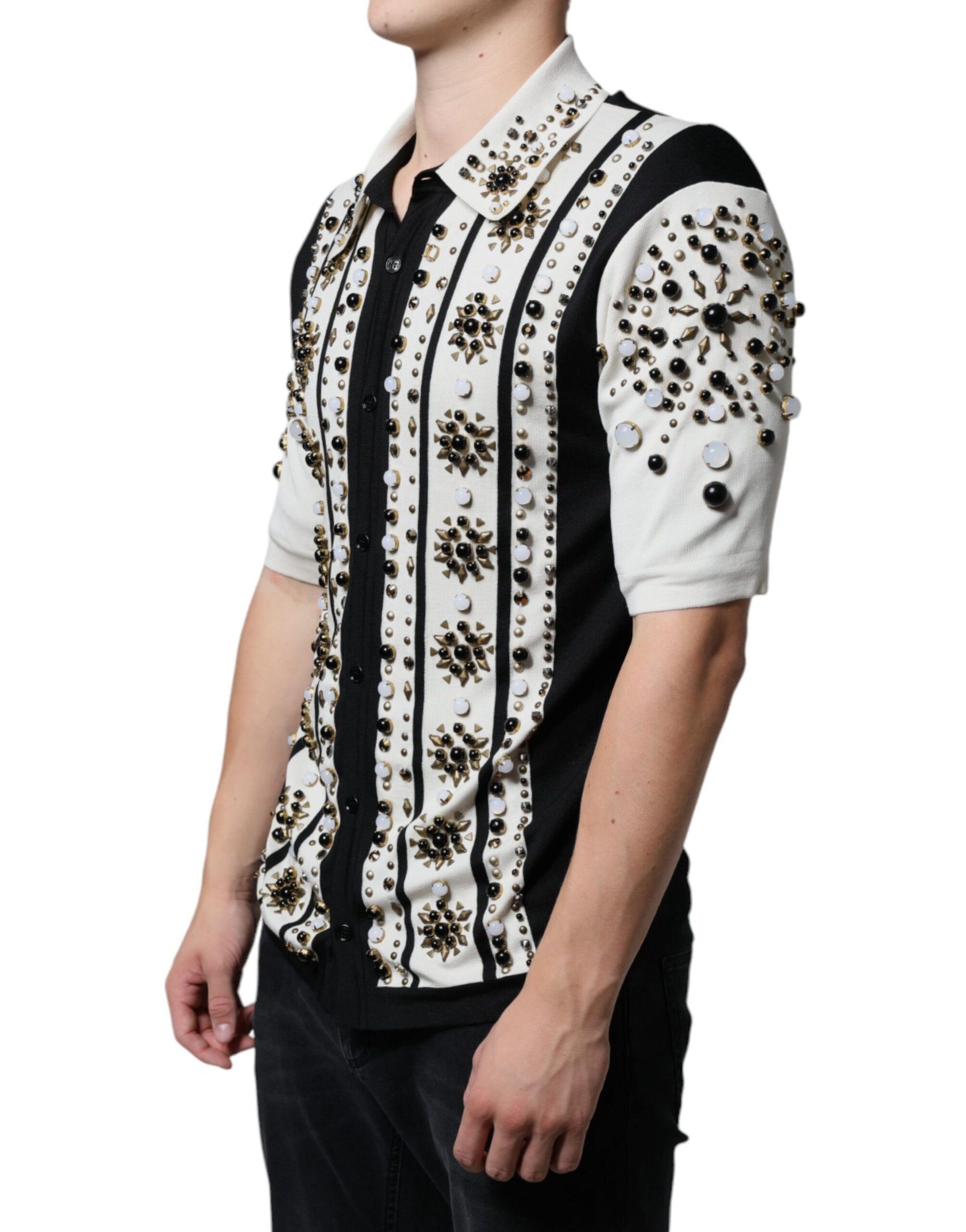Dolce &amp; Gabbana White Black Silk Studded Stone Crystal Shirt