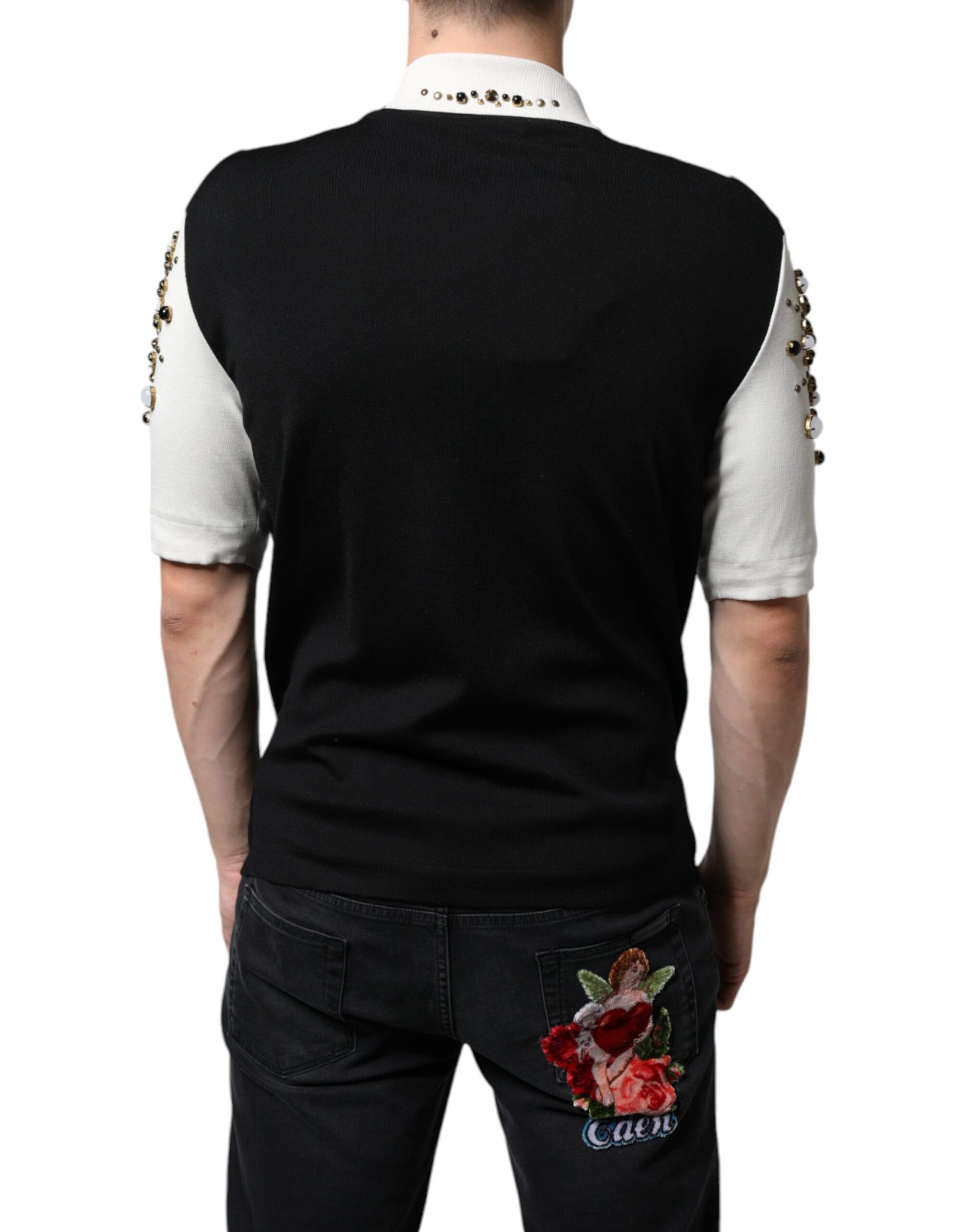 Dolce &amp; Gabbana White Black Silk Studded Stone Crystal Shirt