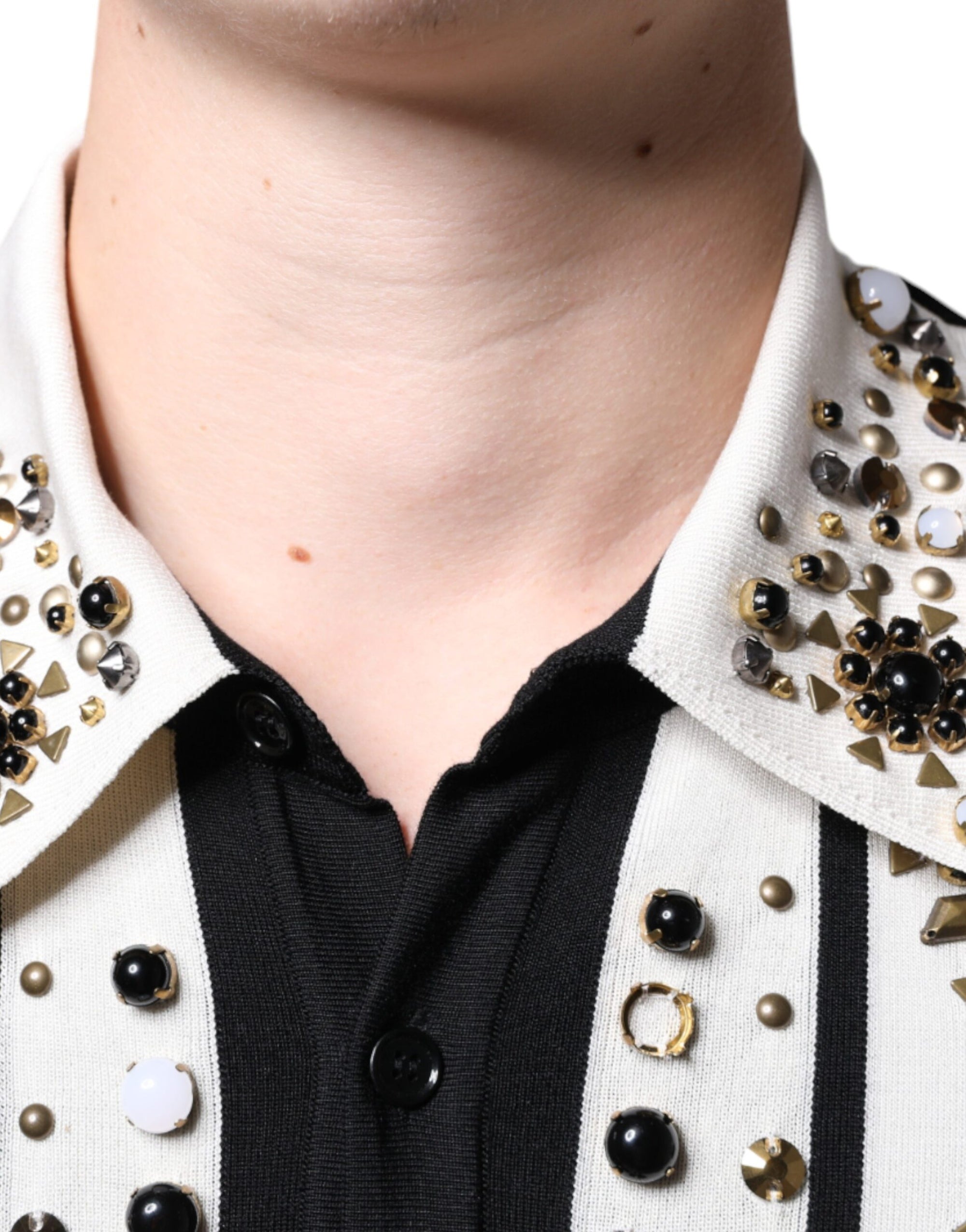 Dolce &amp; Gabbana White Black Silk Studded Stone Crystal Shirt