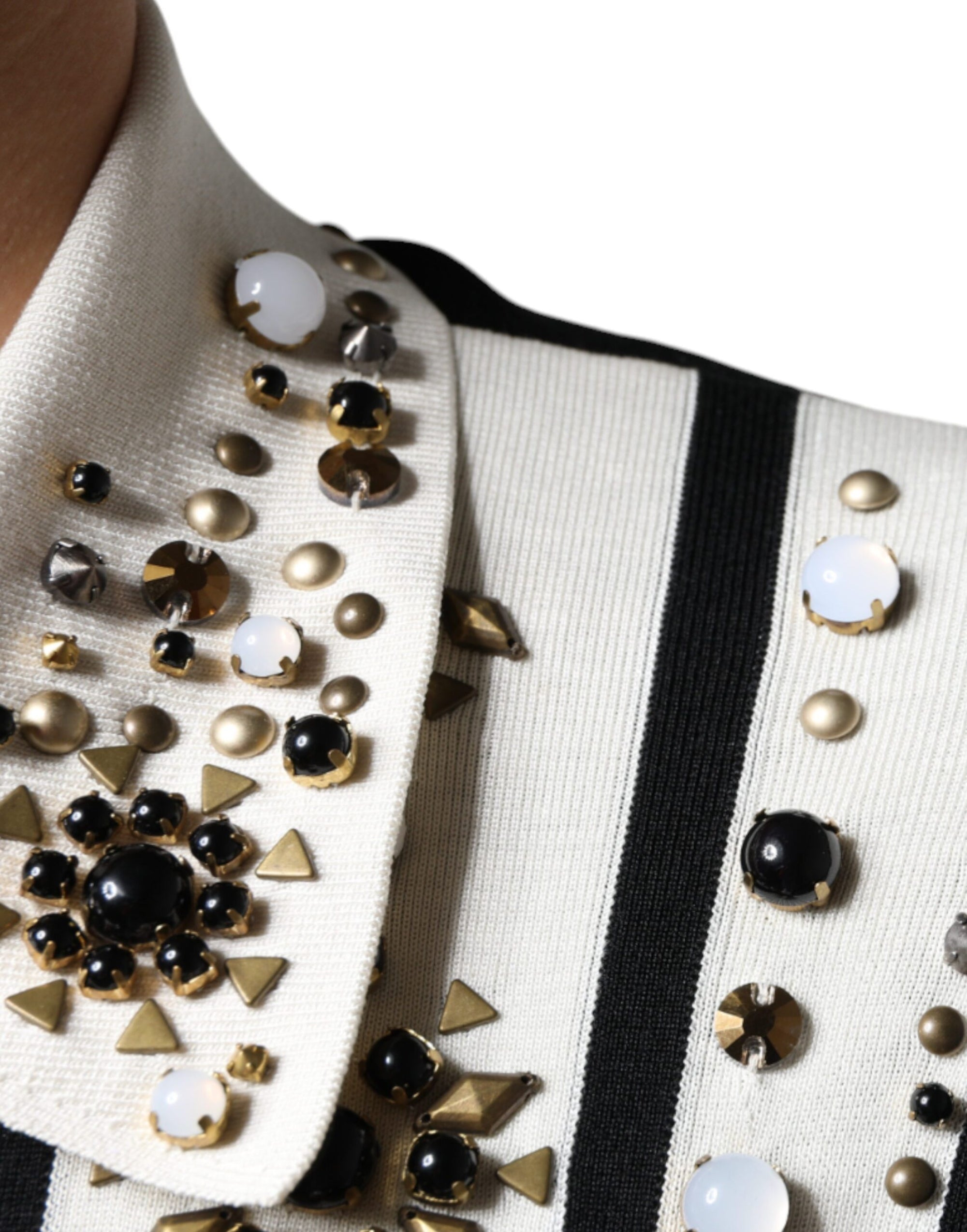 Dolce &amp; Gabbana White Black Silk Studded Stone Crystal Shirt