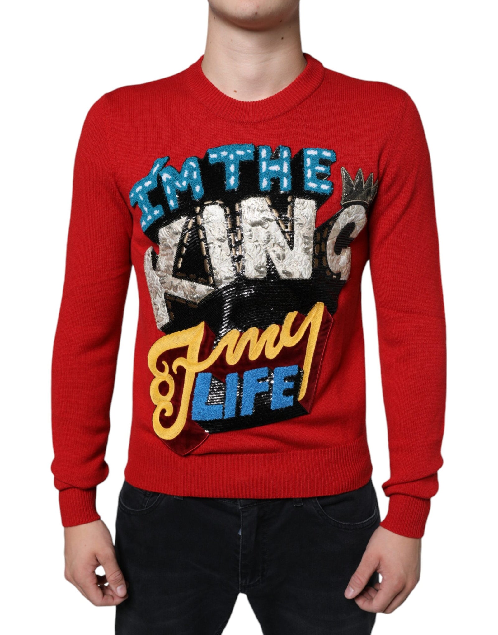Dolce &amp; Gabbana Red I'm The King Wool Crew Neck Sweatshirt Sweater