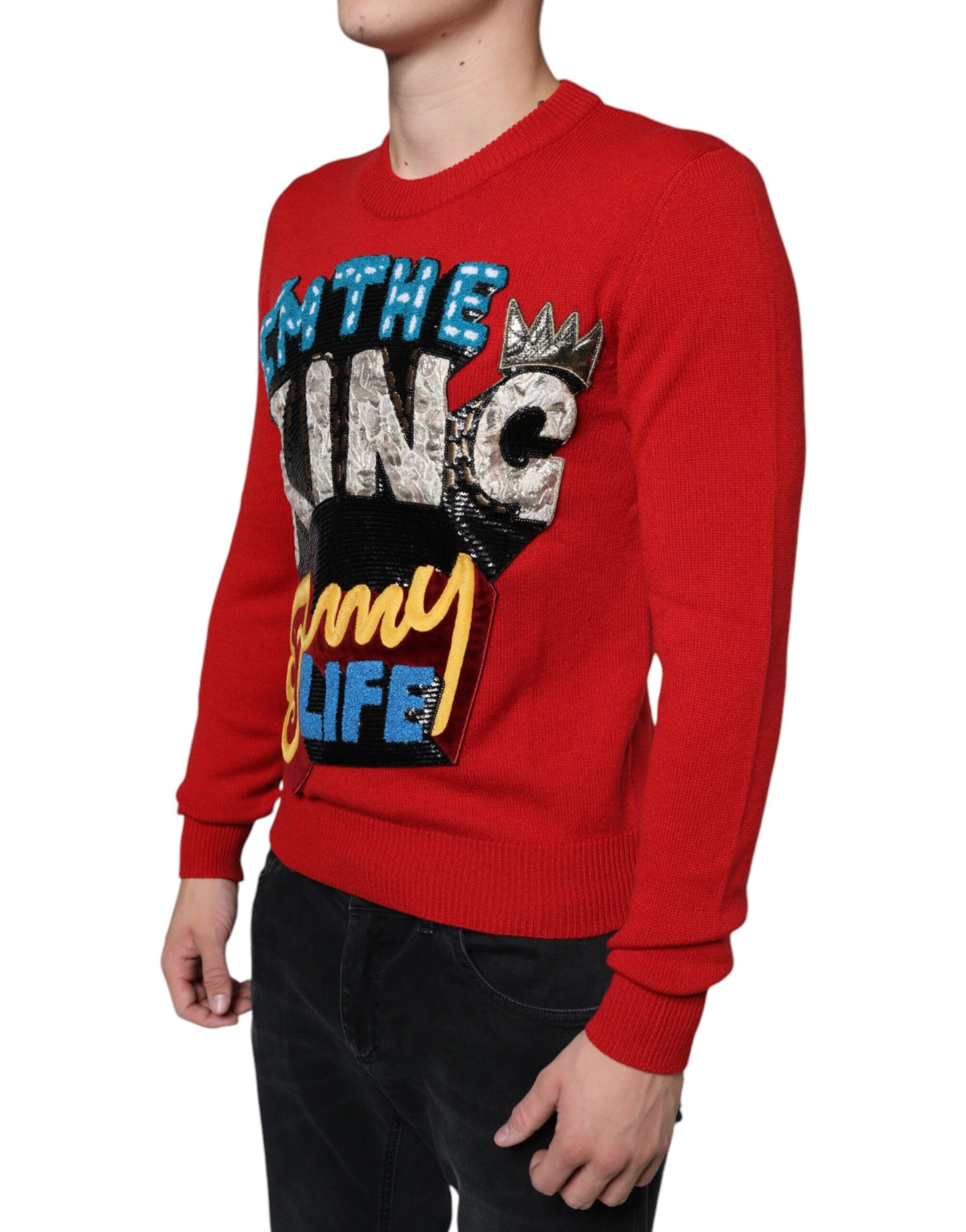 Dolce &amp; Gabbana Red I'm The King Wool Crew Neck Sweatshirt Sweater