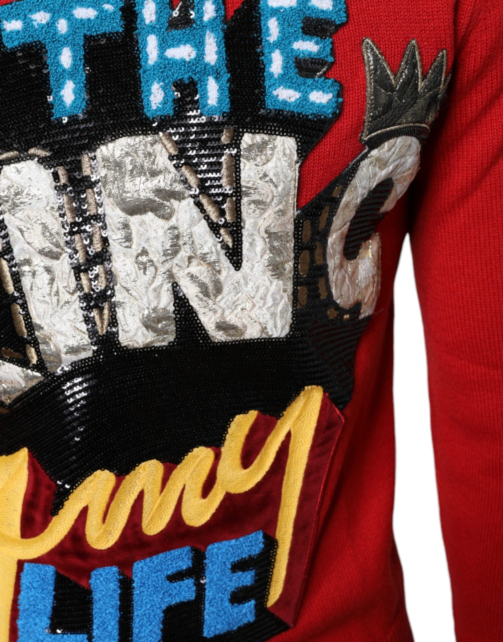 Dolce &amp; Gabbana Red I'm The King Wool Crew Neck Sweatshirt Sweater