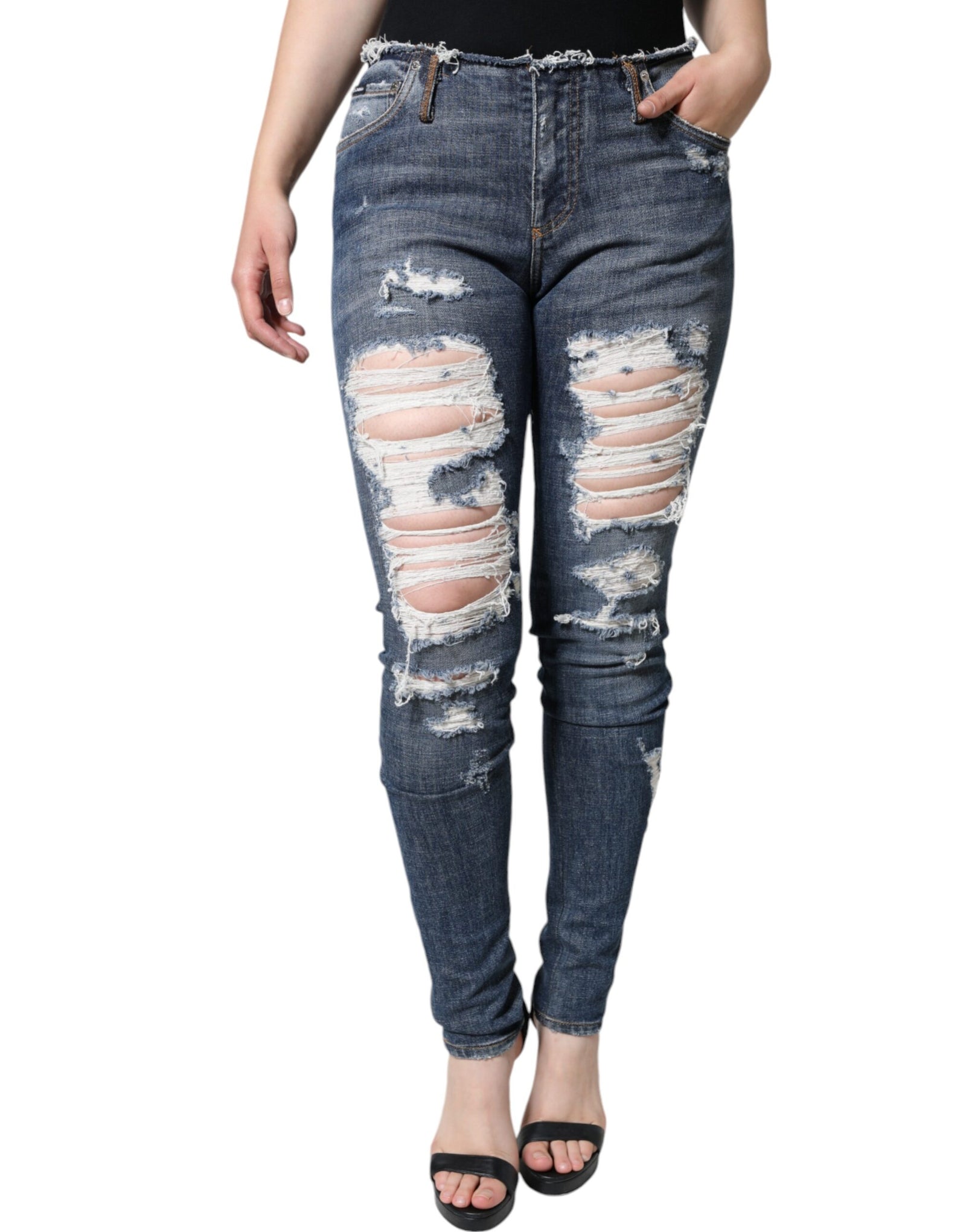 Dolce &amp; Gabbana Blue Cotton Stretch Tattered Skinny Jeans