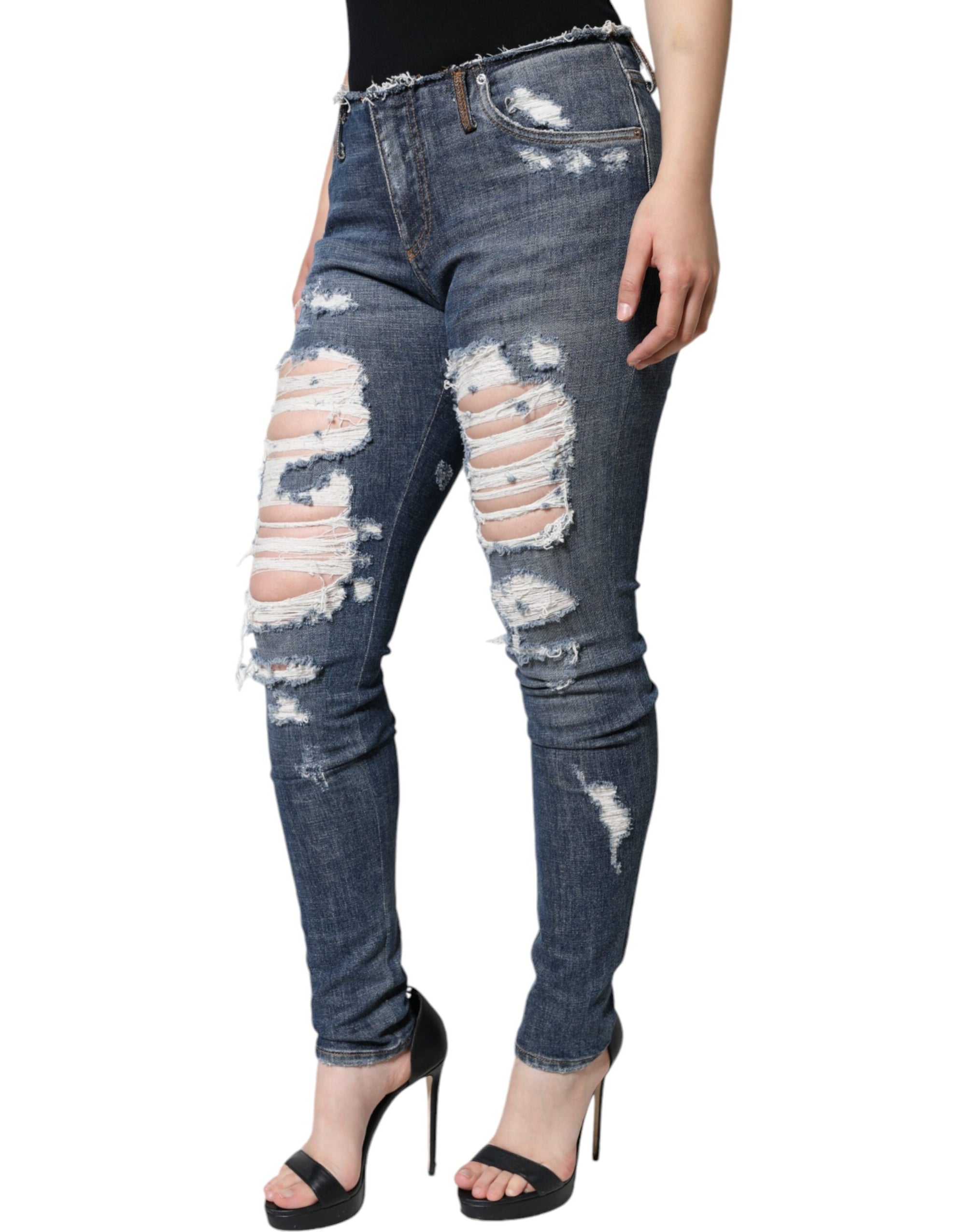 Dolce &amp; Gabbana Blue Cotton Stretch Tattered Skinny Jeans
