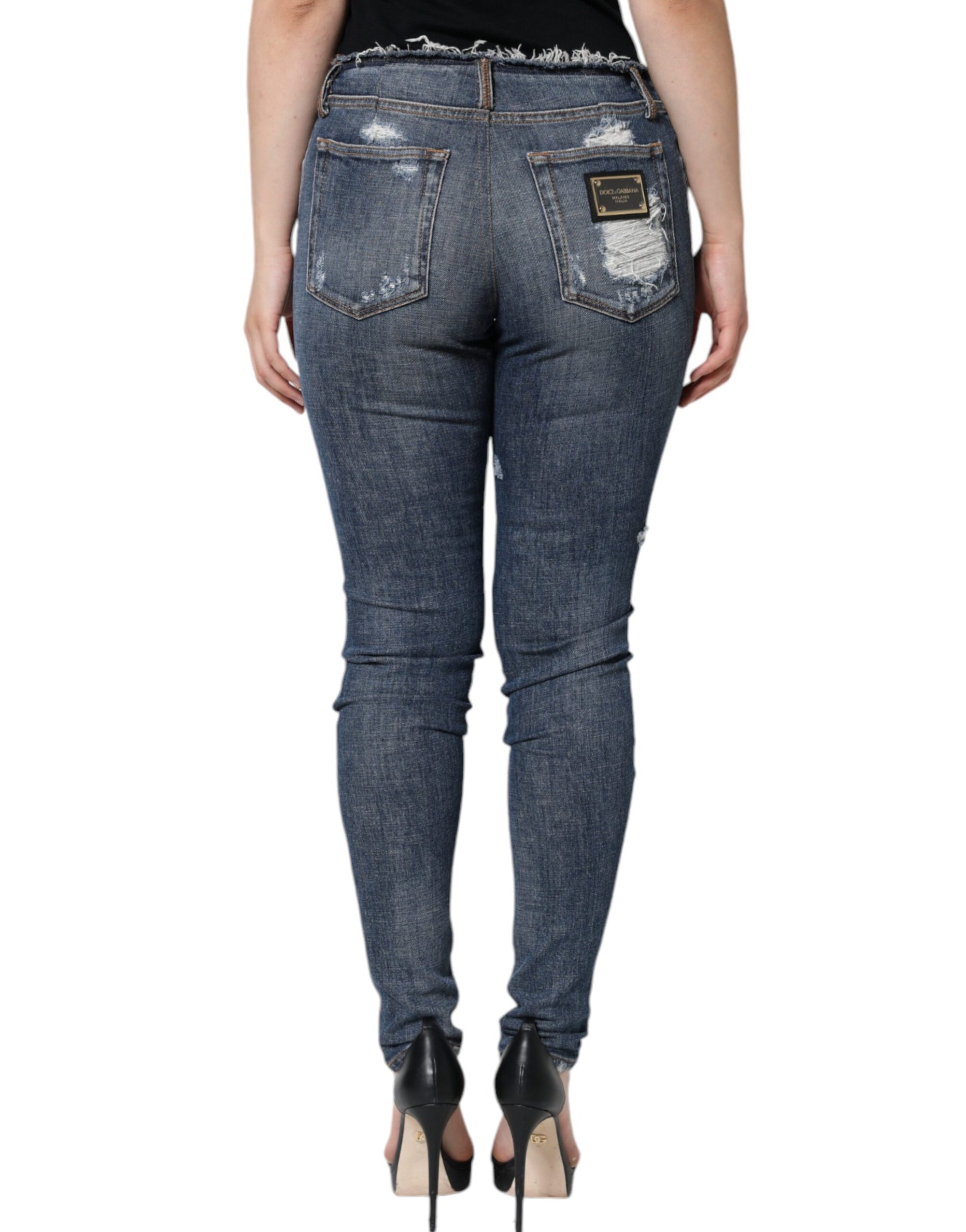 Dolce &amp; Gabbana Blue Cotton Stretch Tattered Skinny Jeans