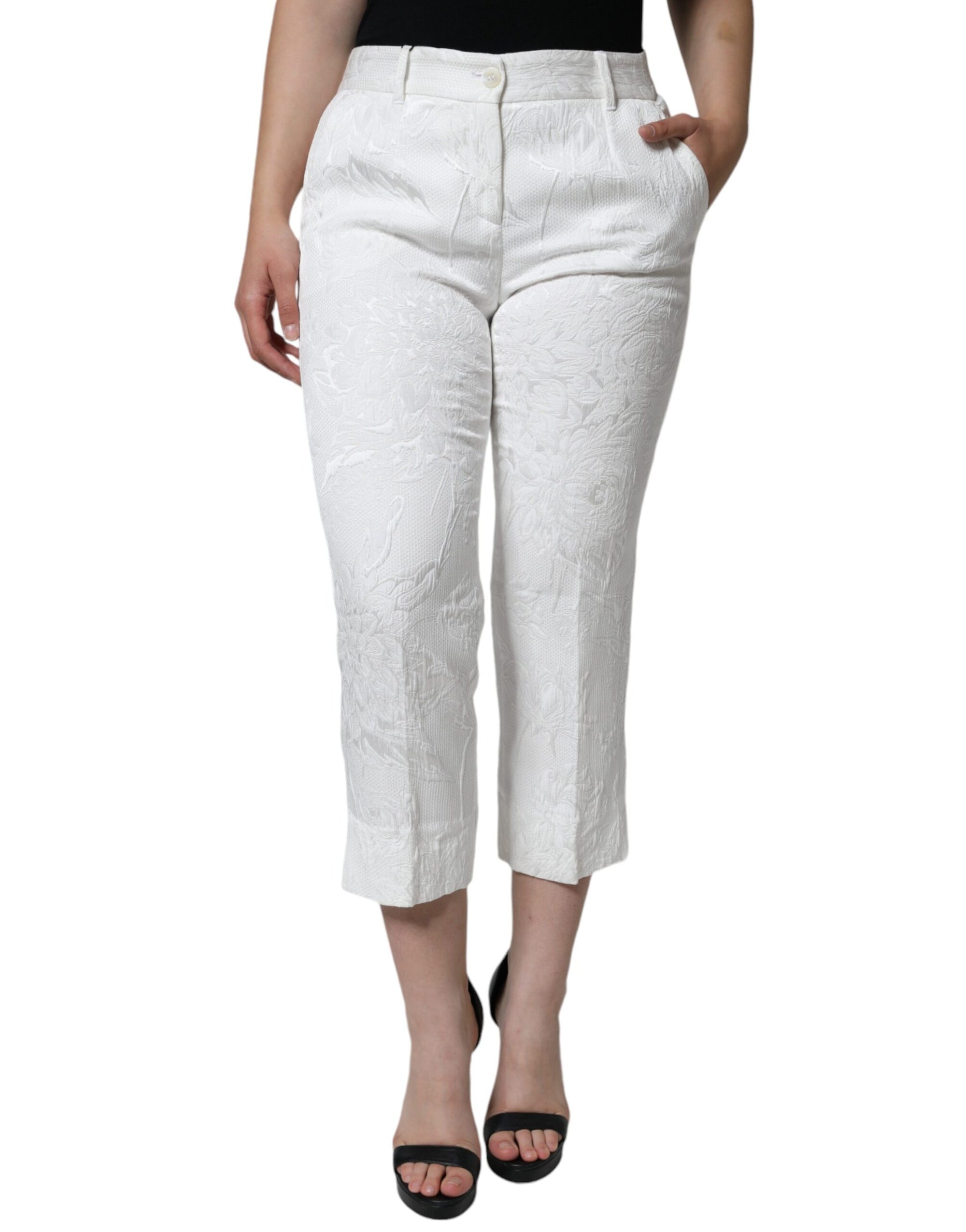 Dolce &amp; Gabbana White Floral Brocade Cotton Cropped Pants