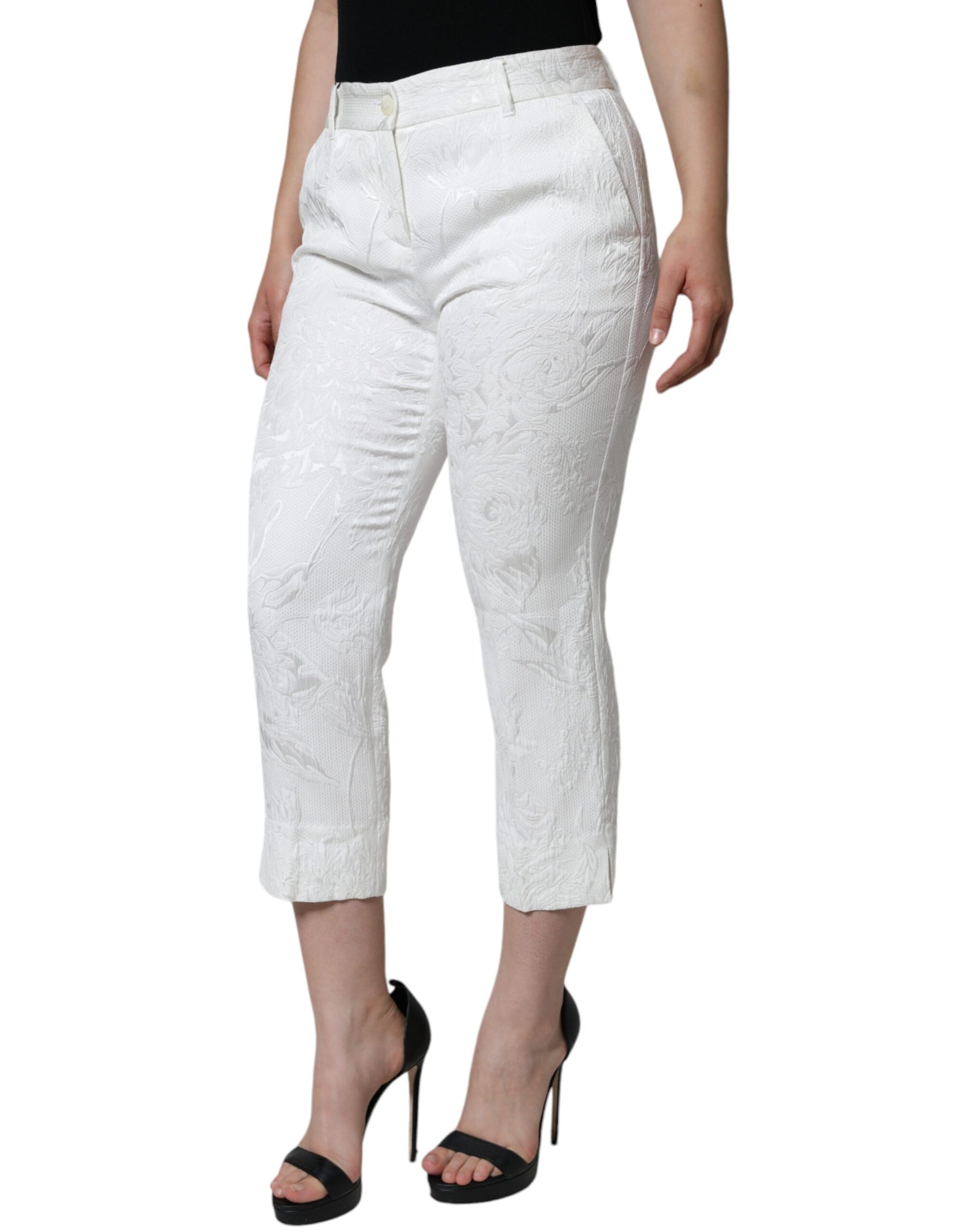 Dolce &amp; Gabbana White Floral Brocade Cotton Cropped Pants
