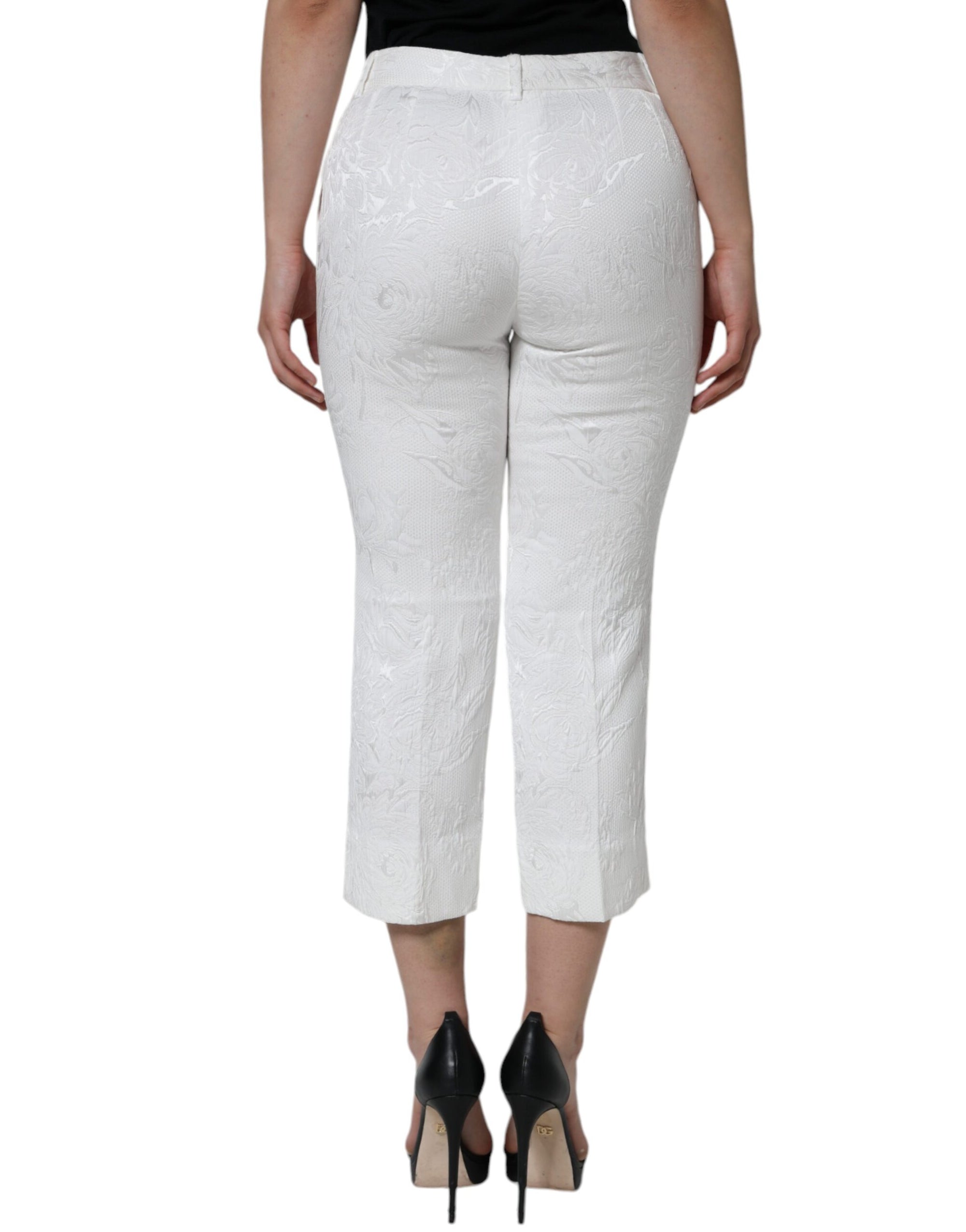 Dolce &amp; Gabbana White Floral Brocade Cotton Cropped Pants