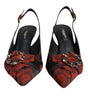 Dolce & Gabbana Black Red Floral Crystal Heel Slingback Shoes