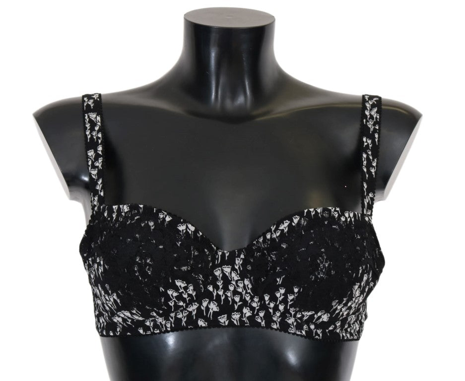 Dolce &amp; Gabbana Elegant Black Floral Lace Silk Bra