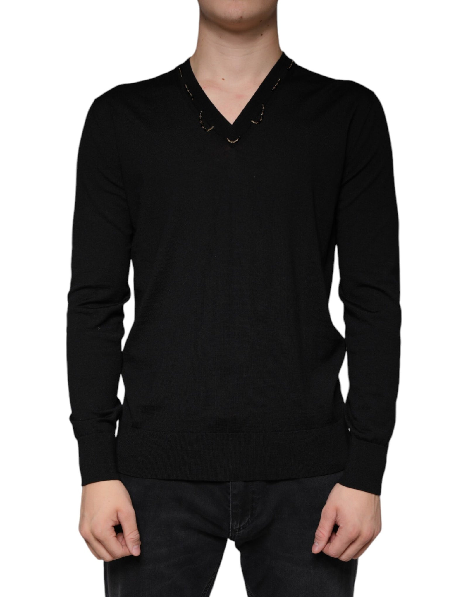 Dolce &amp; Gabbana Black Embellished V-neck Pullover Sweater
