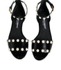 Dolce & Gabbana Black Leather Pearls Ankle Strap Sandals Shoes