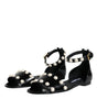Dolce & Gabbana Black Leather Pearls Ankle Strap Sandals Shoes