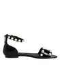 Dolce & Gabbana Black Leather Pearls Ankle Strap Sandals Shoes