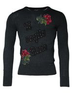 Dolce &amp; Gabbana Gray Embellished Crew Neck Pullover Sweater