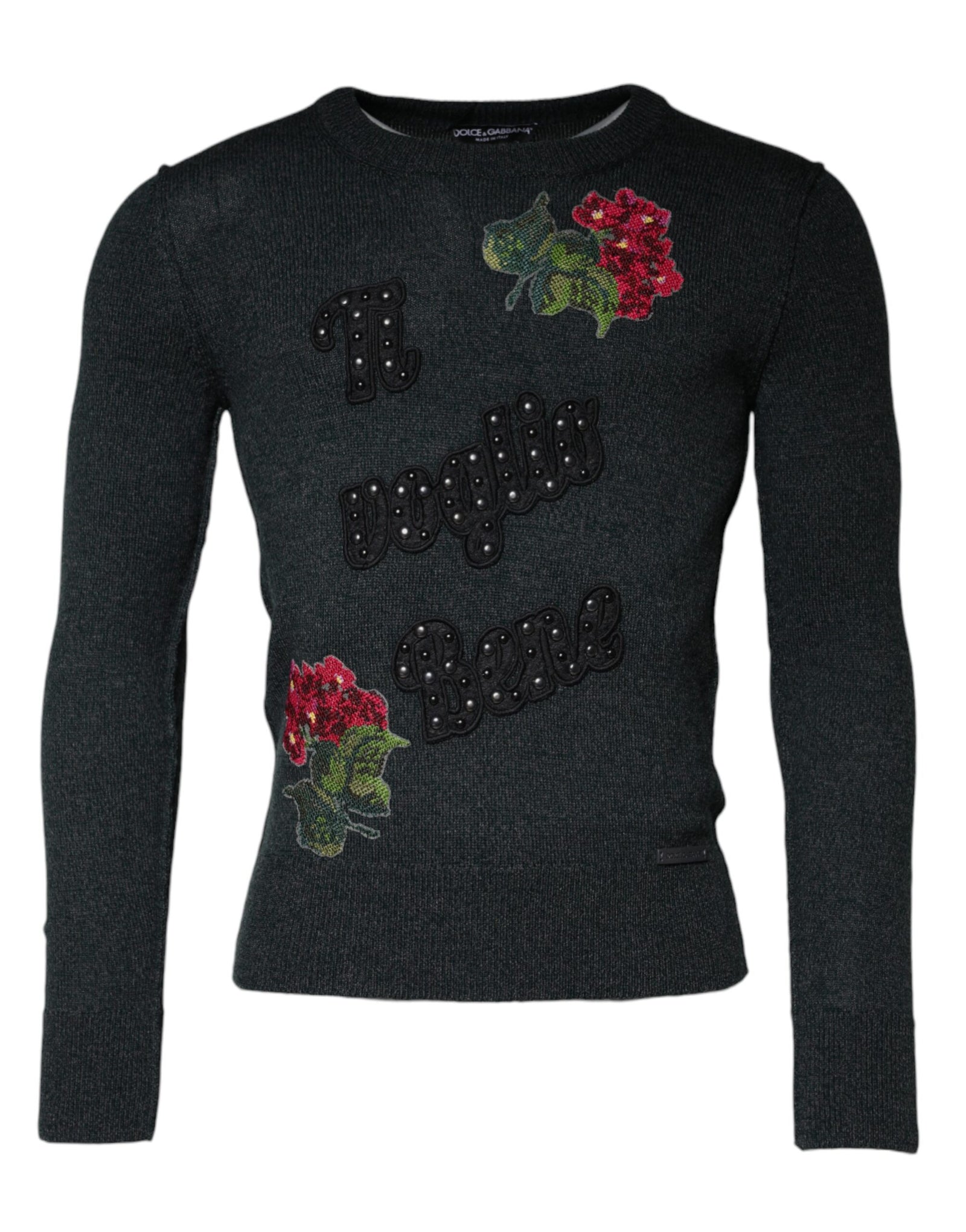 Dolce &amp; Gabbana Gray Embellished Crew Neck Pullover Sweater