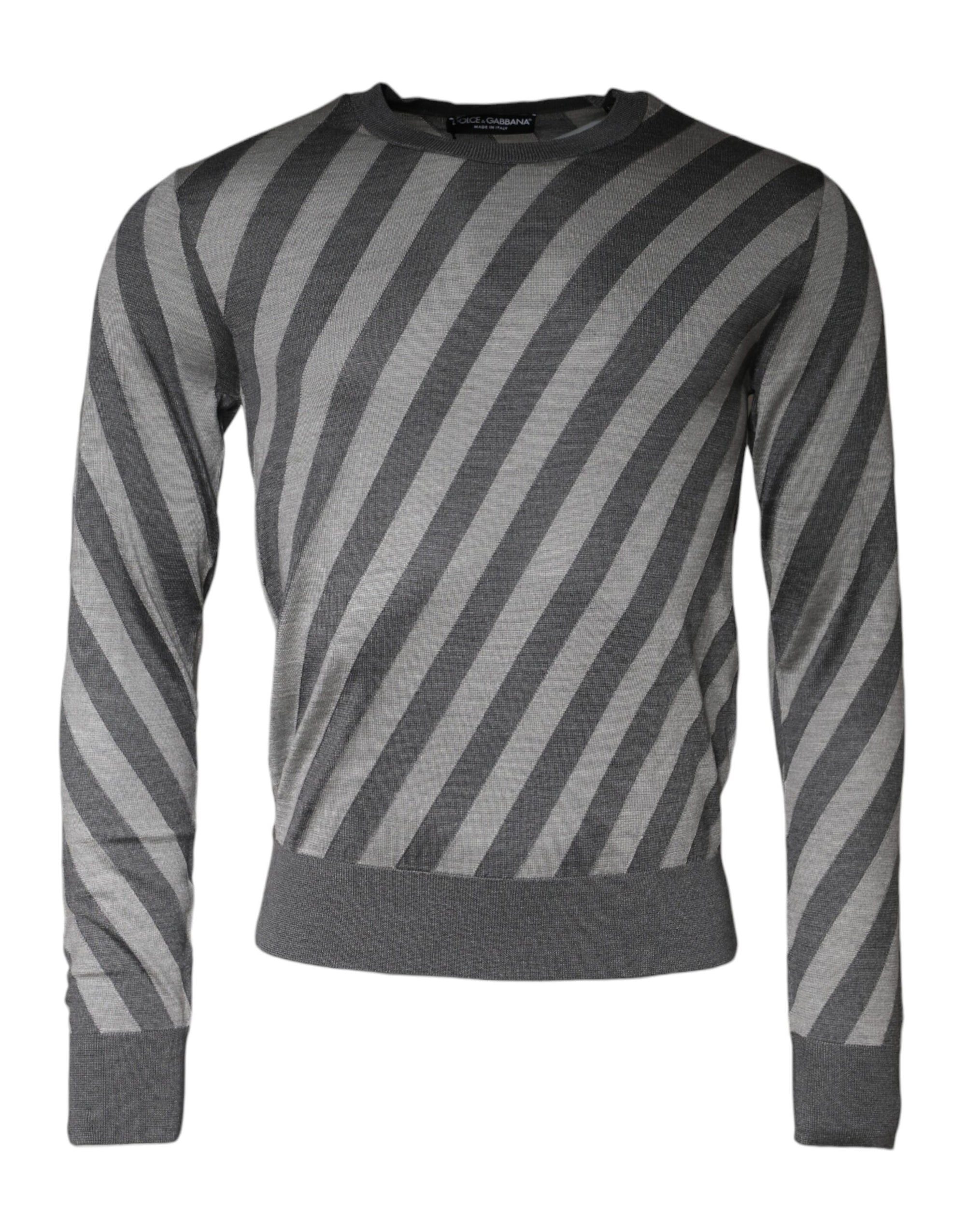 Dolce &amp; Gabbana Gray Stripes Long Sleeve Round Neck Pullover Sweater