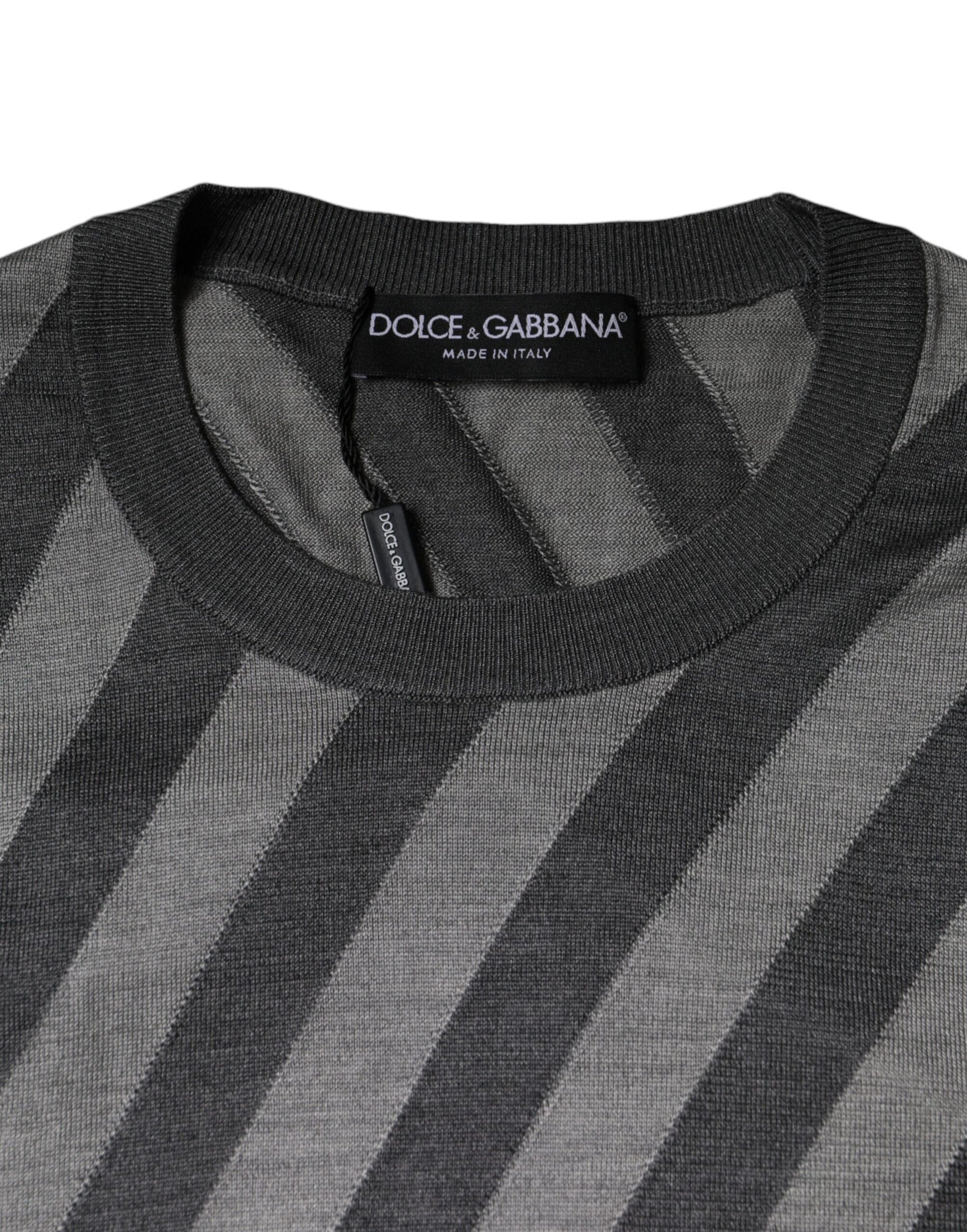 Dolce &amp; Gabbana Gray Stripes Long Sleeve Round Neck Pullover Sweater