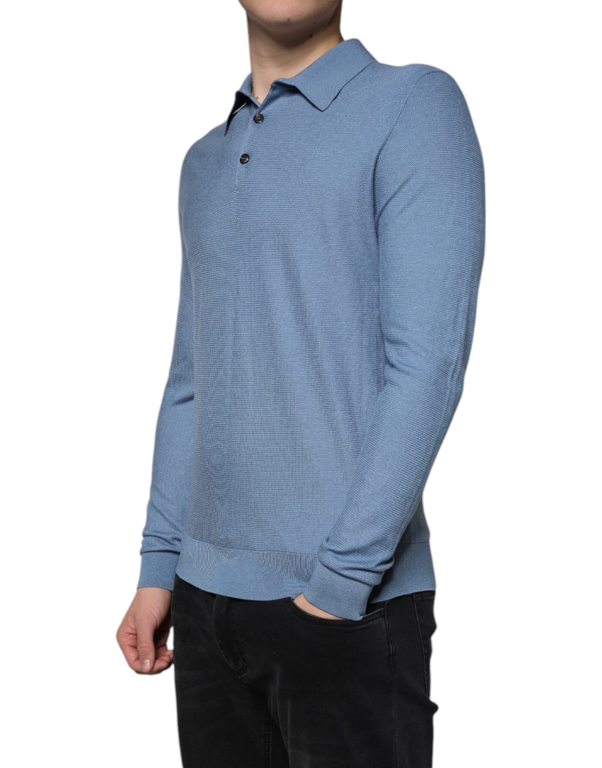 Dolce &amp; Gabbana Sky Blue Silk Collared Men Pullover Sweater