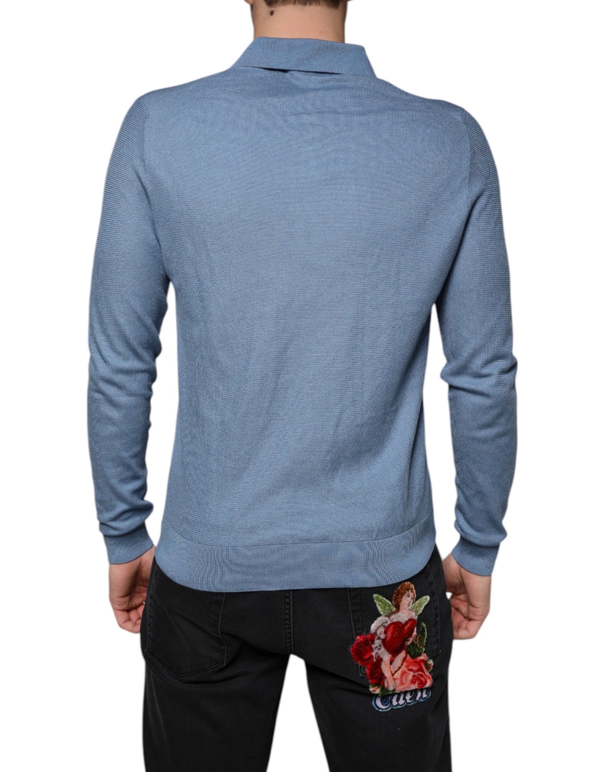 Dolce &amp; Gabbana Sky Blue Silk Collared Men Pullover Sweater