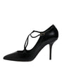 Dolce & Gabbana Black Leather T-strap Stiletto Heels Shoes