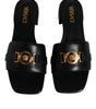 Versace Black Leather Logo Plaque Slip On Slides Flats Shoes