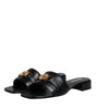 Versace Black Leather Logo Plaque Slip On Slides Flats Shoes