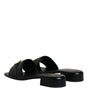Versace Black Leather Logo Plaque Slip On Slides Flats Shoes