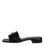 Versace Black Leather Logo Plaque Slip On Slides Flats Shoes