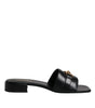 Versace Black Leather Logo Plaque Slip On Slides Flats Shoes