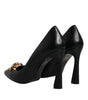 Versace Black Leather Logo Plaque High Heels Pumps Shoes