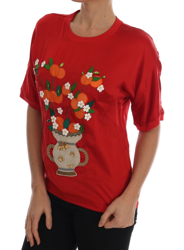 Haut élégant en soie rouge brodé de fleurs Dolce &amp; Gabbana