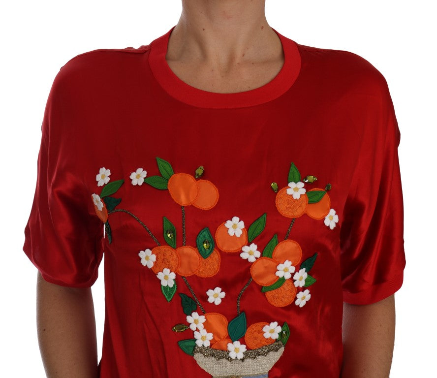 Haut élégant en soie rouge brodé de fleurs Dolce &amp; Gabbana