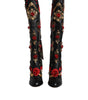 Dolce & Gabbana Black Roses Embellished Leather Heel Boots Shoes