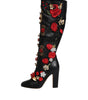 Dolce & Gabbana Black Roses Embellished Leather Heel Boots Shoes