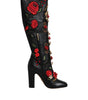 Dolce & Gabbana Black Roses Embellished Leather Heel Boots Shoes