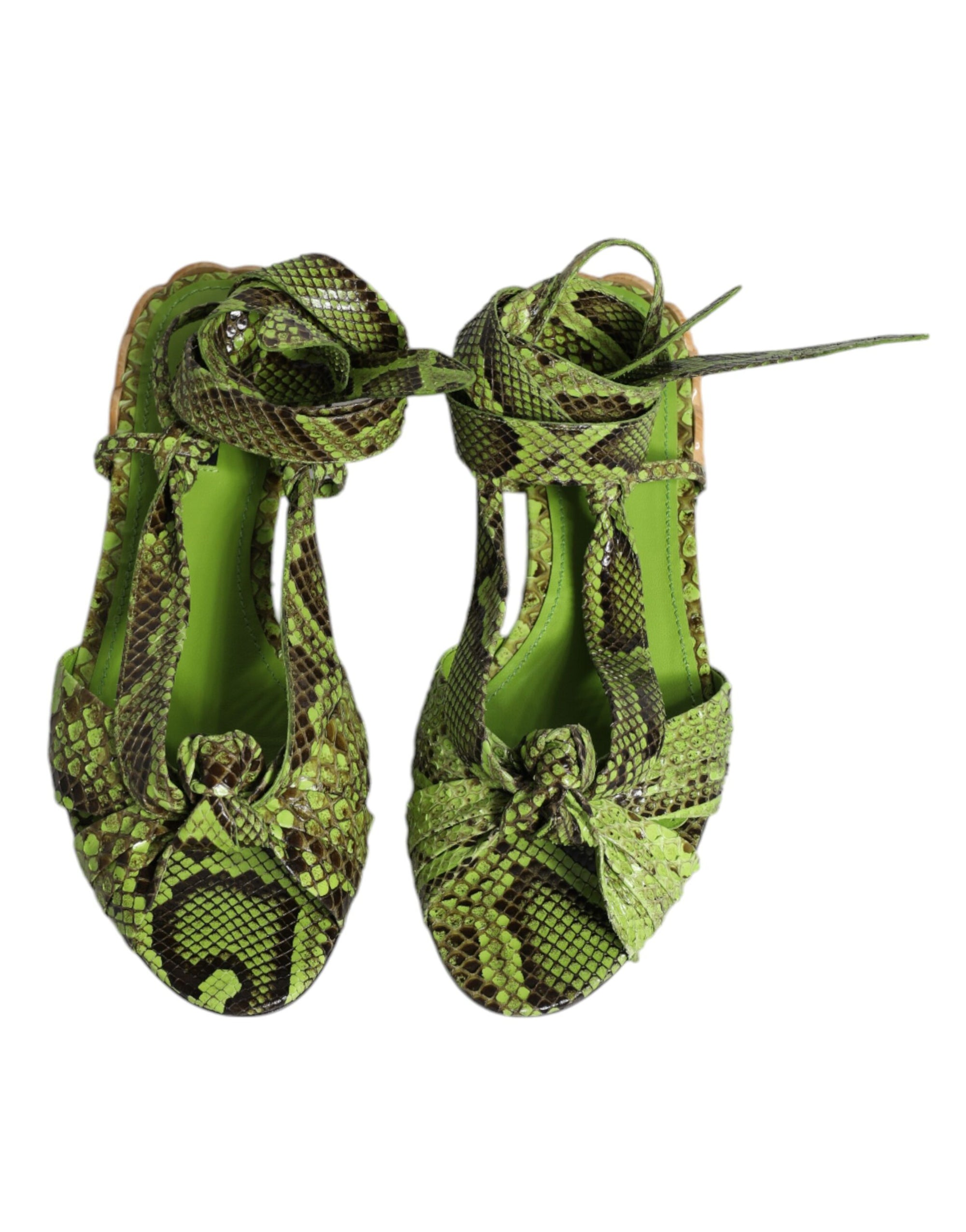 Dolce &amp; Gabbana Green Animal Print Ankle Wrap Sandals Shoes