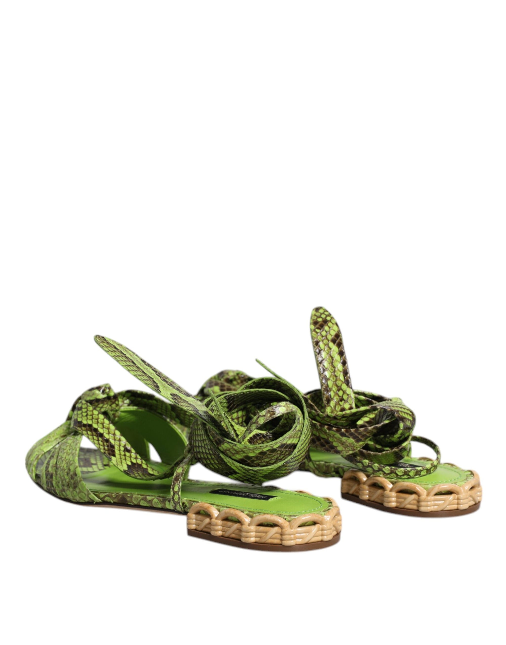 Dolce &amp; Gabbana Green Animal Print Ankle Wrap Sandals Shoes