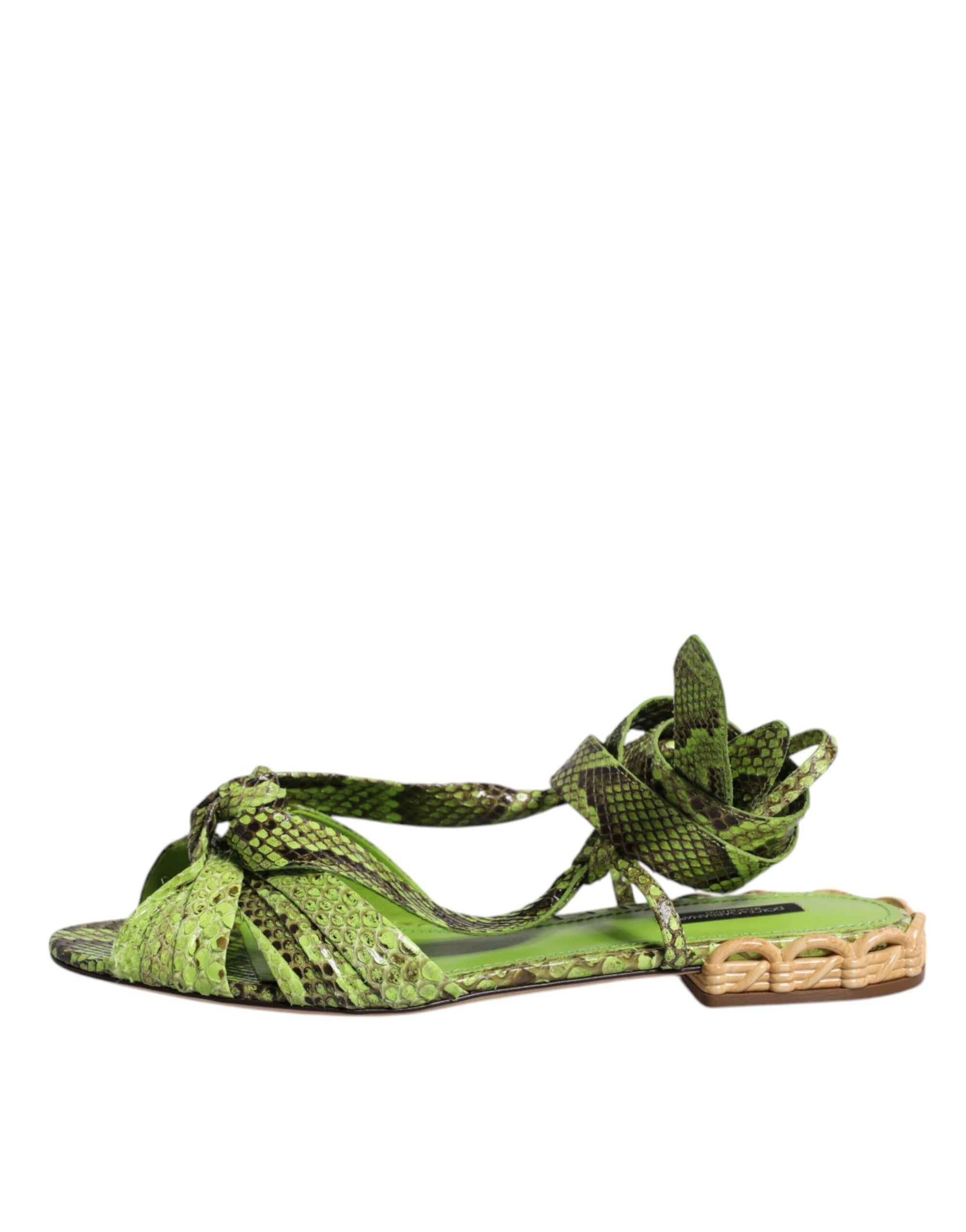Dolce &amp; Gabbana Green Animal Print Ankle Wrap Sandals Shoes