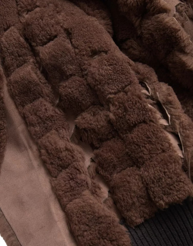 Bottega Veneta Manteau en peau lainée d'agneau marron