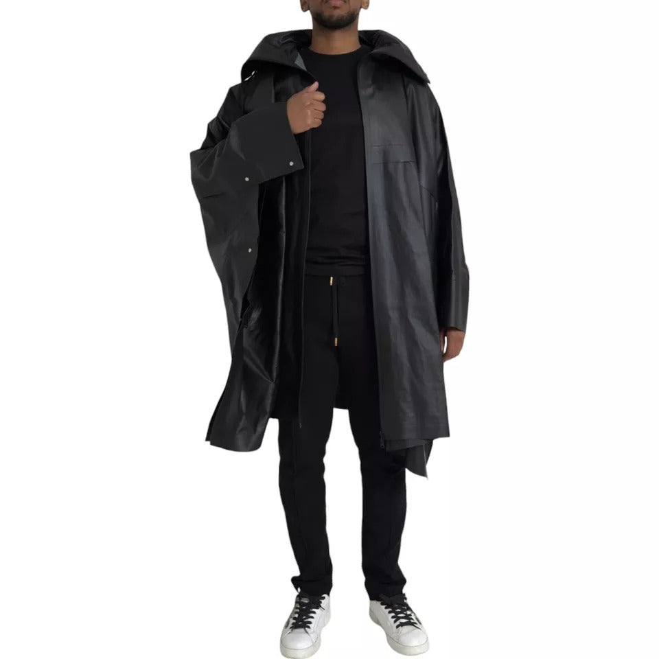 Trench-coat à capuche en cuir noir Bottega Veneta pour homme