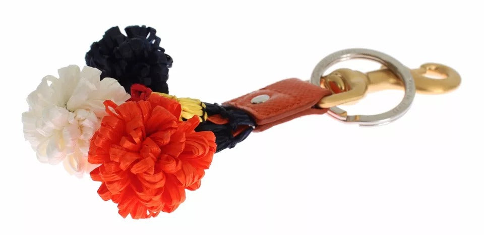 Porte-clés Dolce &amp; Gabbana en cuir raphia marron doré avec fermoir à chaîne